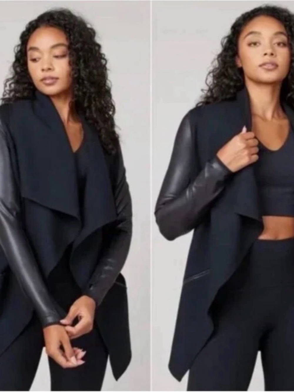 Spanx Draped Black Jacket with Faux-Leather Sleeves